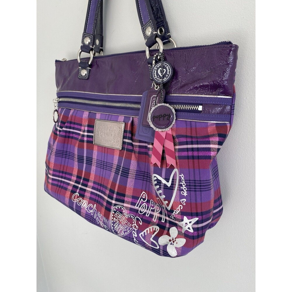 Large Rare Coach Poppy Y2K Purple Tartan Plaid Glam Tote Shoulder Bag - Picture 2 of 12